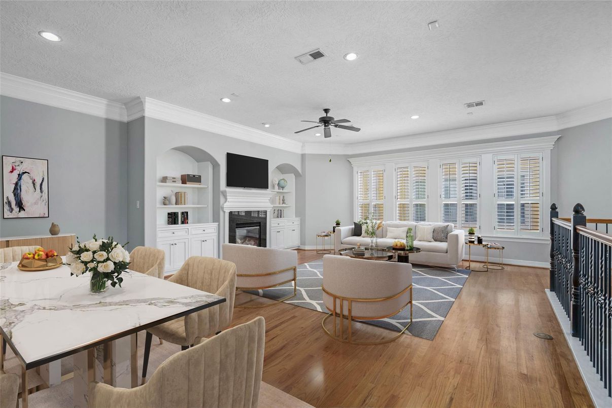 Dining room, Fireplace, Interior, Living room, Recessed Lighting, Wood Texture Flooring