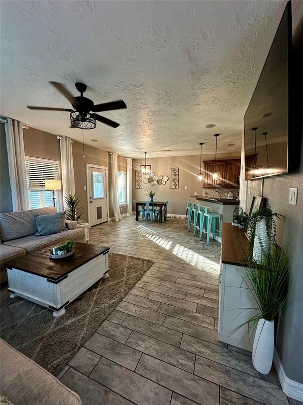 Dining room, Interior, Kitchen, Living room, Pendant Lights, Wood Texture Flooring