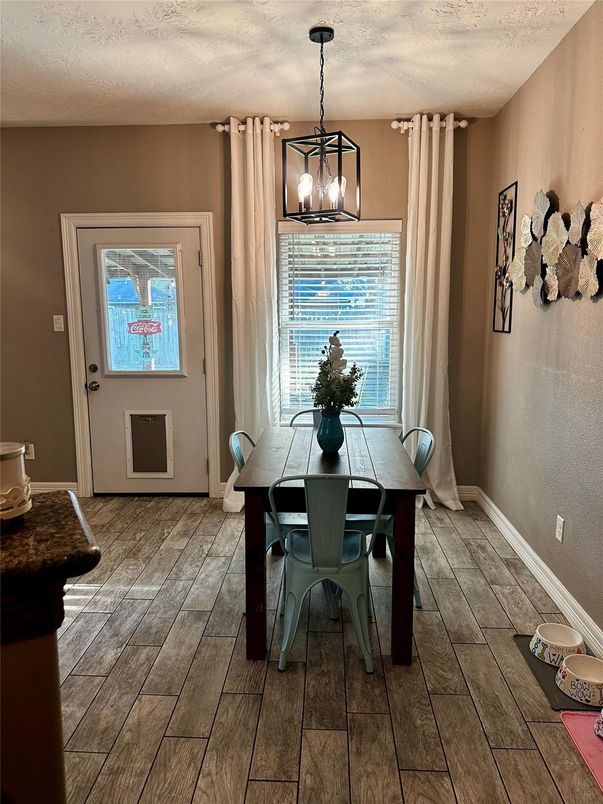 Dining room, Interior, Pendant Lights, Wood Texture Flooring