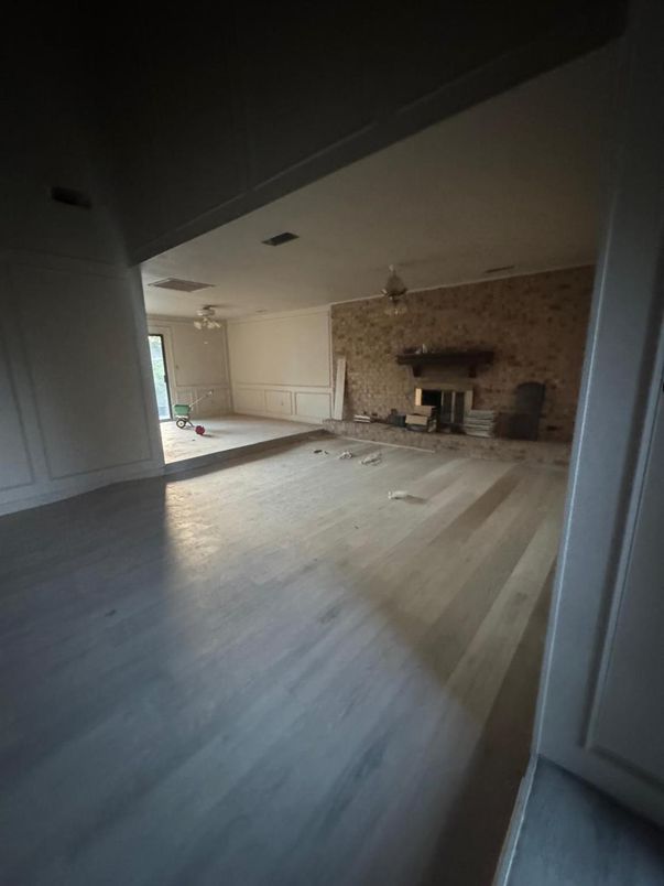 Empty room, Fireplace, Interior, Stone Walls, Wood Texture Flooring