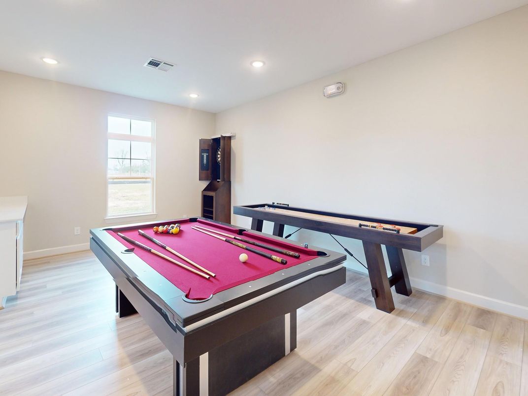 Billiard Table, Game Room, Interior, Recessed Lighting, Wood Texture Flooring