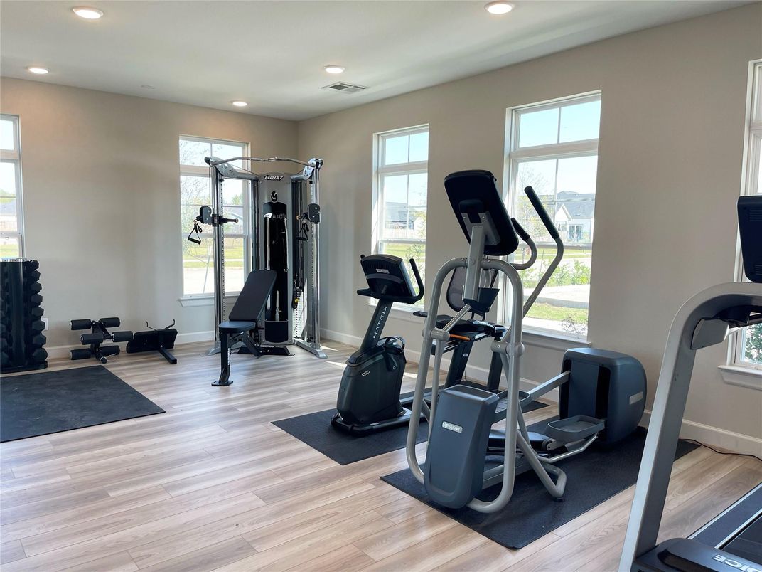 Fitness Equipment, Gym, Interior, Recessed Lighting, Wood Texture Flooring