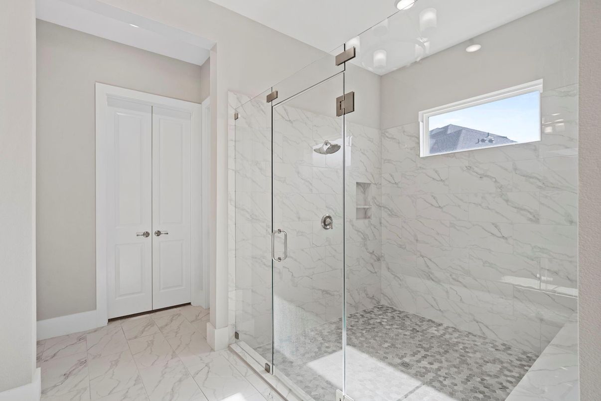 Bathroom, Glass Shower, Interior, Marble, Marble Walls, Recessed Lighting