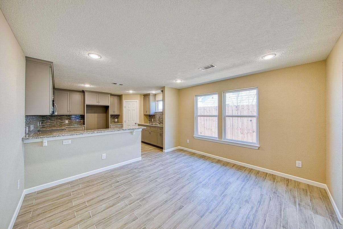Empty room, Interior, Kitchen, Recessed Lighting, Wood Texture Flooring