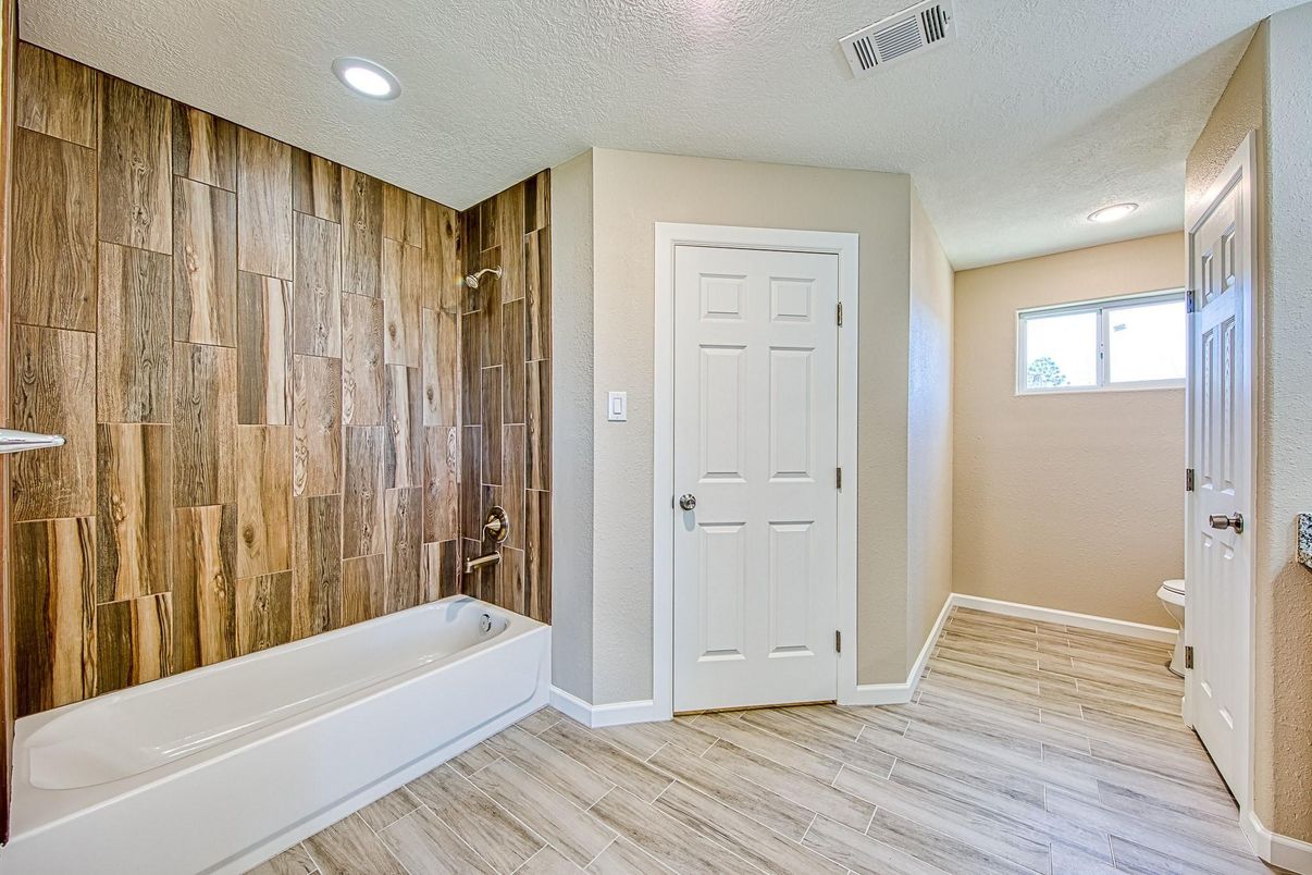Bathroom, Interior, Recessed Lighting, Wood Texture Flooring, Wooden Walls
