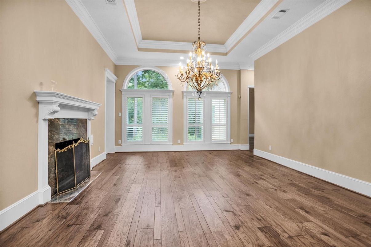 Chandelier, Empty room, Fireplace, Interior, Wood Texture Flooring