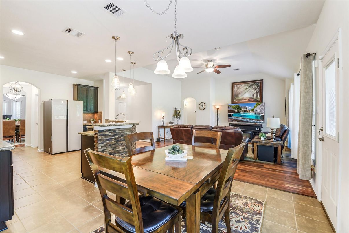 Dining room, Interior, Kitchen, Living room, Pendant Lights, Recessed Lighting, Wood Texture Flooring