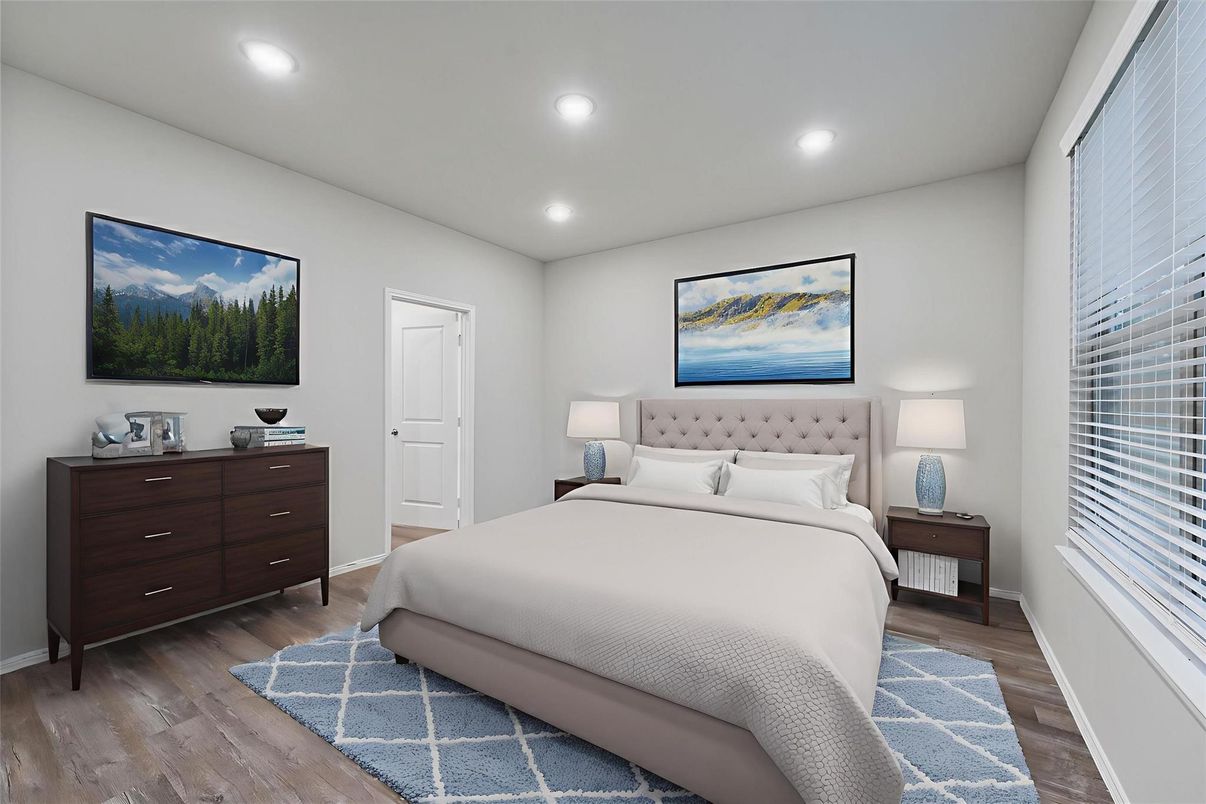 Bedroom, Interior, Recessed Lighting, Wood Texture Flooring