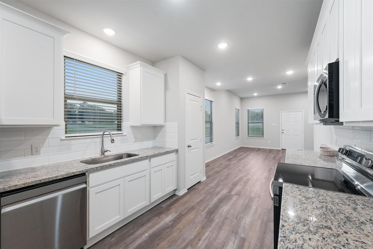 Interior, Kitchen, Recessed Lighting, Stainless Steel Appliances, Wood Texture Flooring