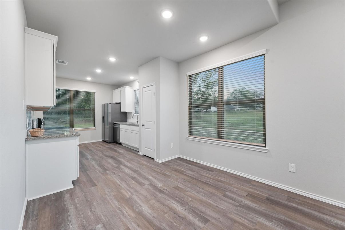 Empty room, Interior, Kitchen, Recessed Lighting, Wood Texture Flooring