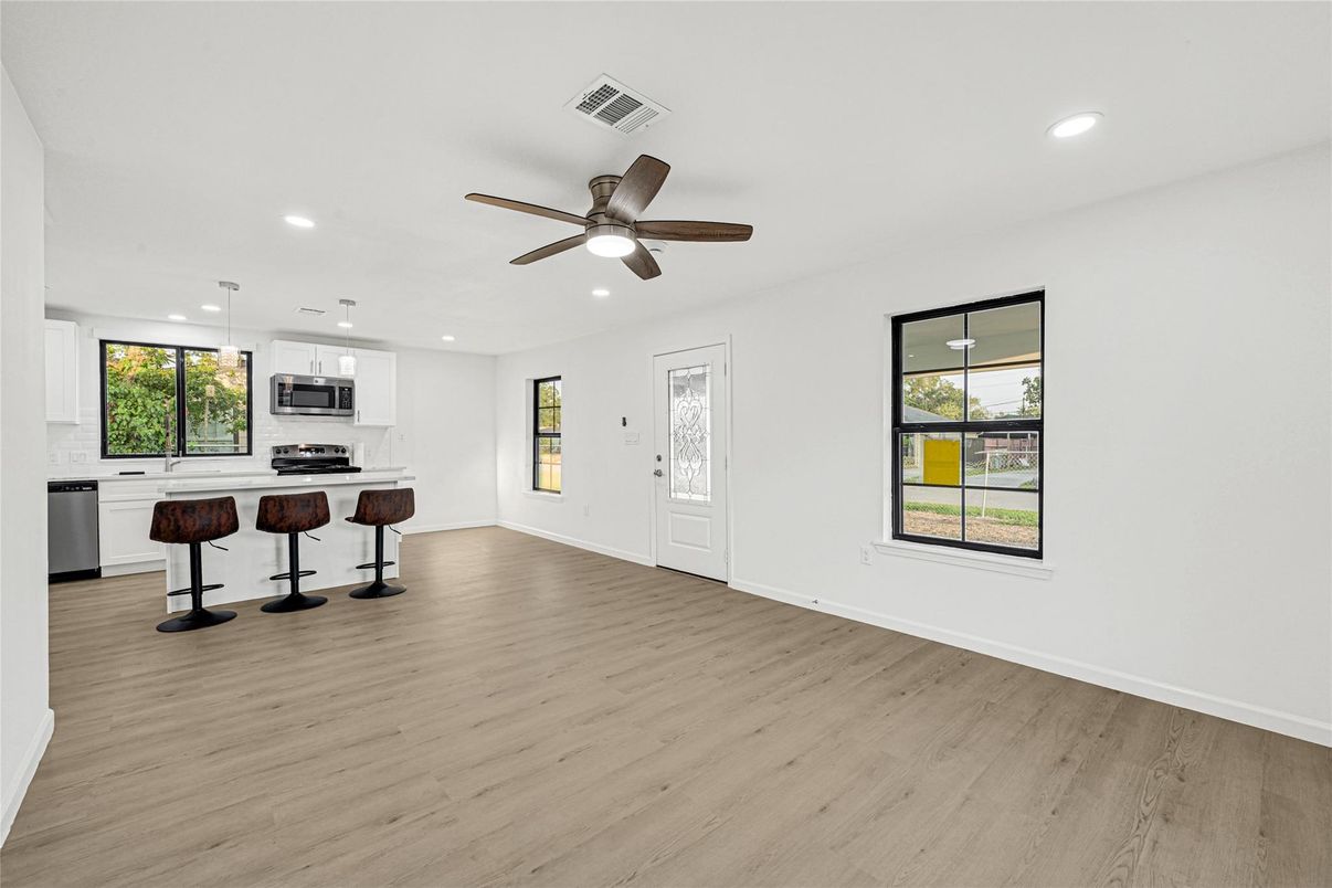 Interior, Kitchen, Pendant Lights, Recessed Lighting, Stainless Steel Appliances, Wood Texture Flooring