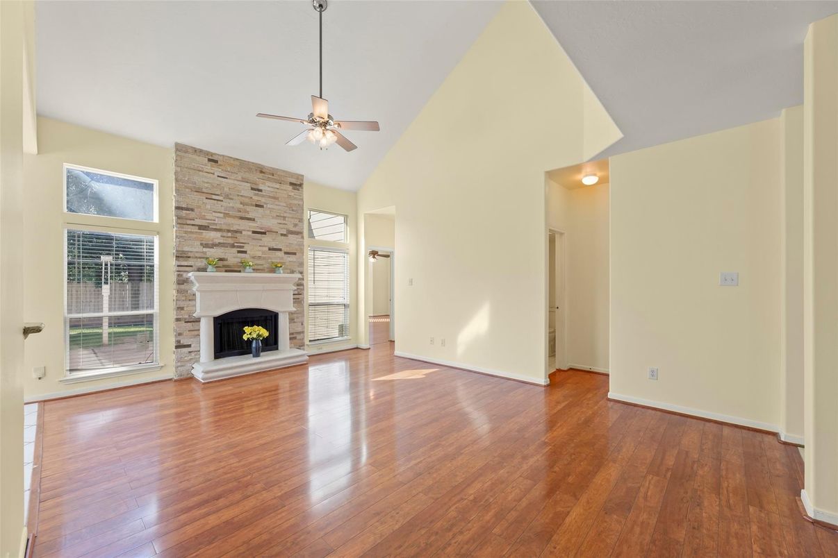 Empty room, Fireplace, Interior, Stone Walls, Wood Texture Flooring