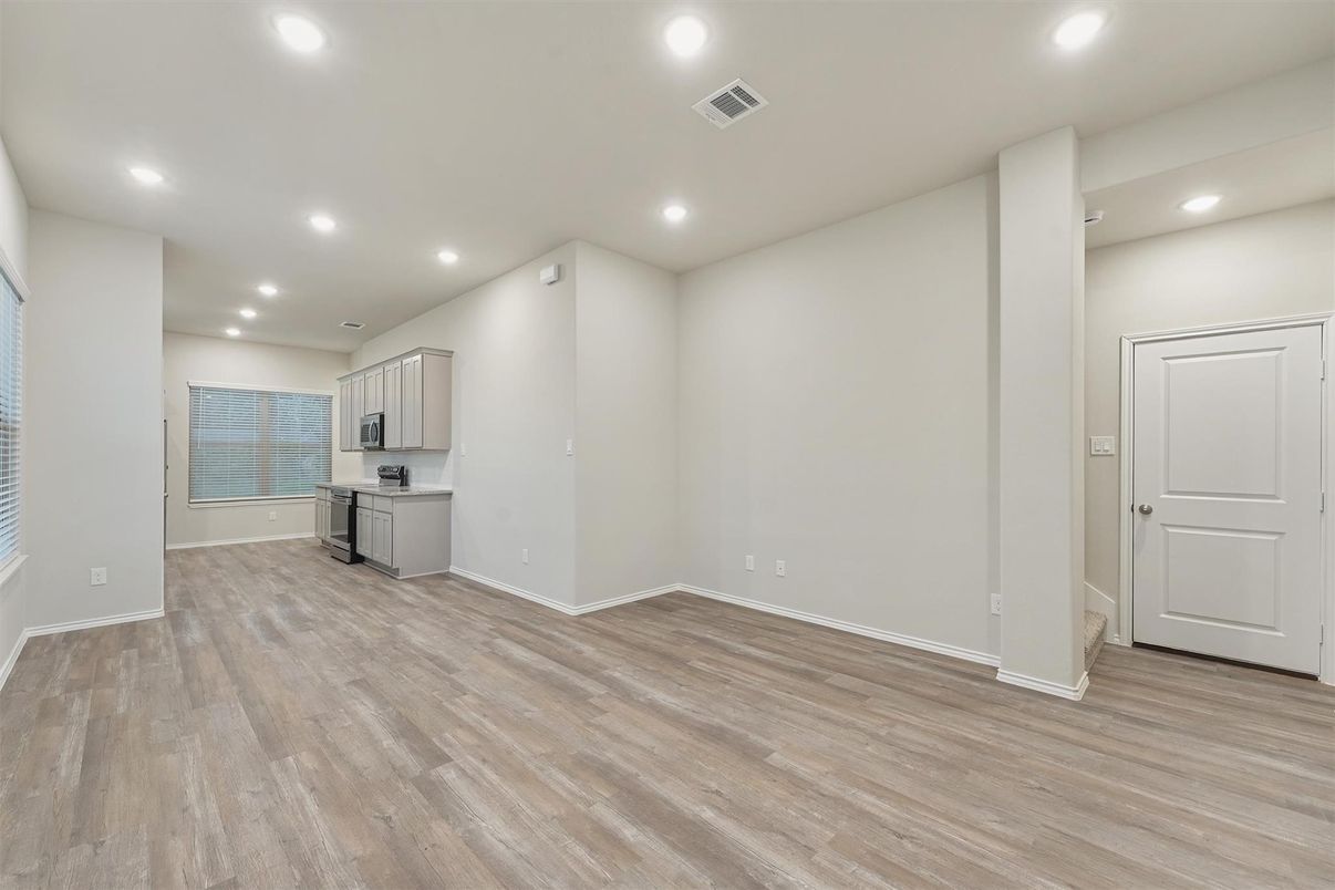 Empty room, Interior, Kitchen, Recessed Lighting, Wood Texture Flooring