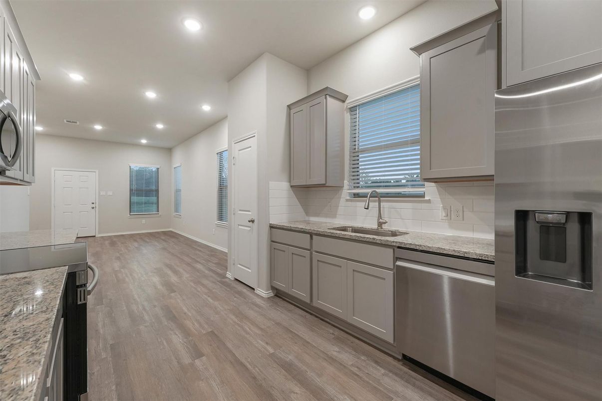 Interior, Kitchen, Recessed Lighting, Stainless Steel Appliances, Wood Texture Flooring