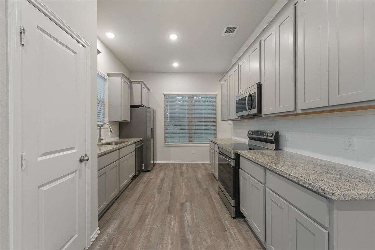Interior, Kitchen, Recessed Lighting, Wood Texture Flooring