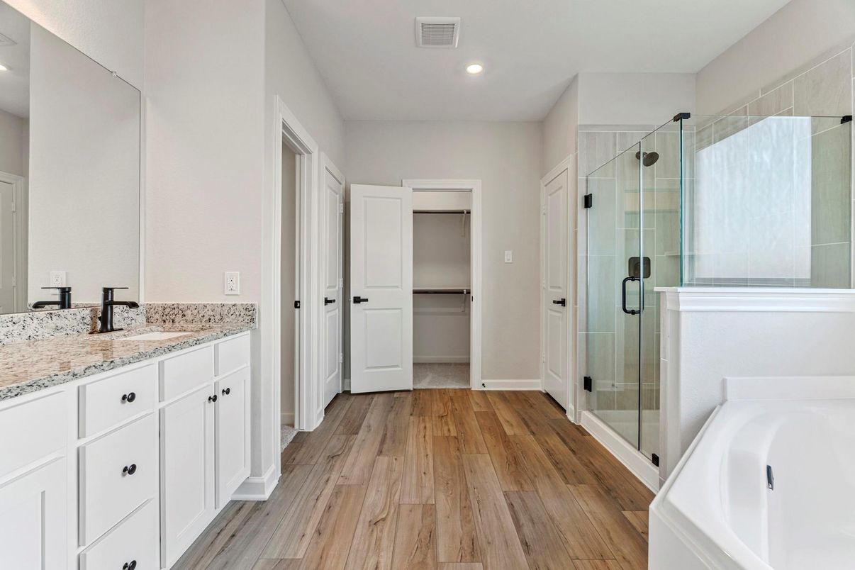 Bathroom, Glass Shower, Interior, Recessed Lighting, Wood Texture Flooring