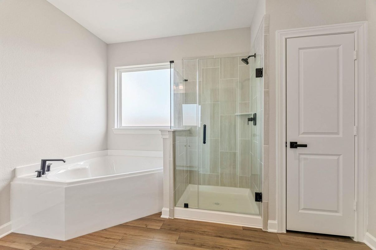 Bathroom, Glass Shower, Interior, Wood Texture Flooring