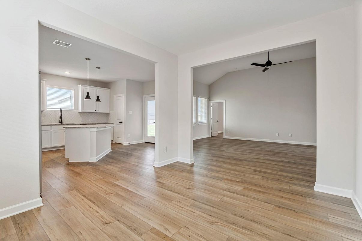 Empty room, Interior, Kitchen, Pendant Lights, Recessed Lighting, Wood Texture Flooring