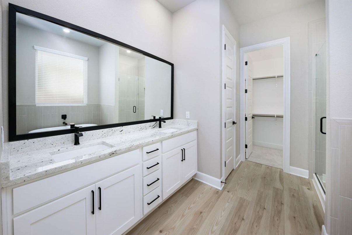 Bathroom, Dual Sink Vanities, Interior, Recessed Lighting, Wood Texture Flooring