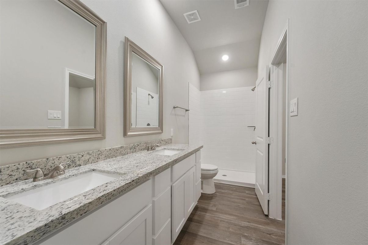 Bathroom, Dual Sink Vanities, Interior, Recessed Lighting, Wood Texture Flooring