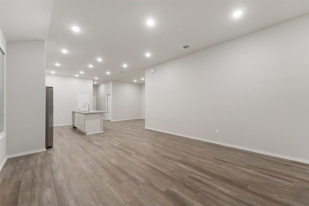 Empty room, Interior, Kitchen, Recessed Lighting, Wood Texture Flooring