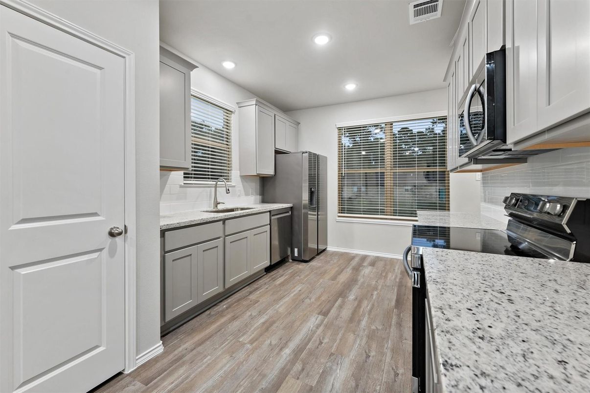 Interior, Kitchen, Recessed Lighting, Wood Texture Flooring
