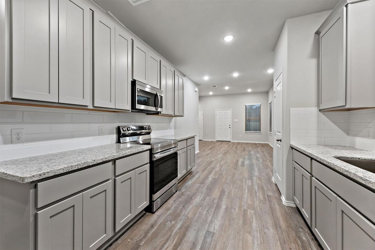 Interior, Kitchen, Recessed Lighting, Stainless Steel Appliances, Wood Texture Flooring