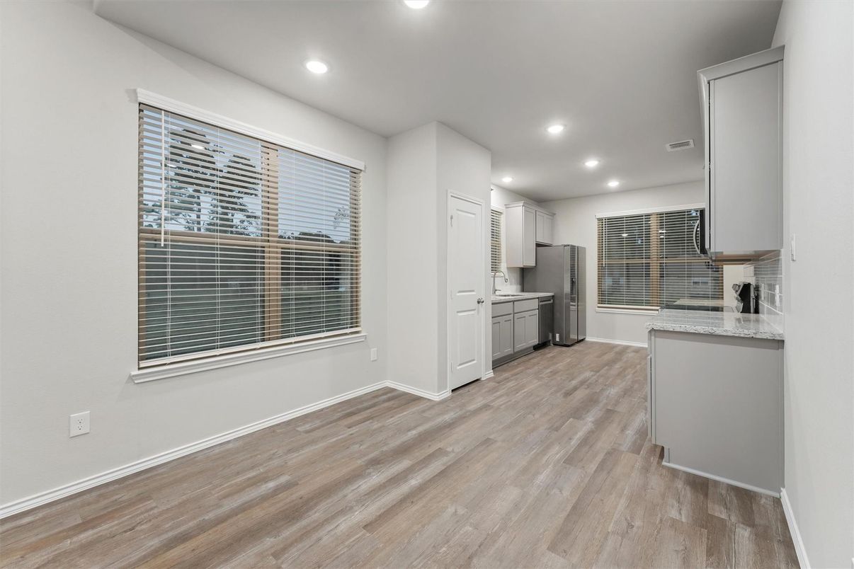 Empty room, Interior, Kitchen, Recessed Lighting, Wood Texture Flooring