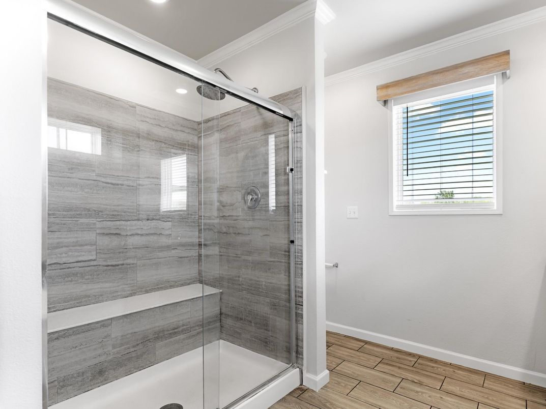 Bathroom, Glass Shower, Interior, Recessed Lighting, Wood Texture Flooring