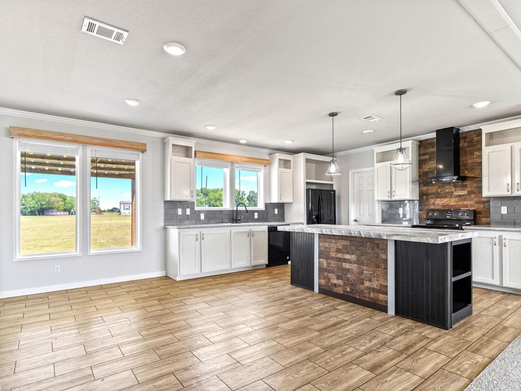 Interior, Kitchen, Pendant Lights, Recessed Lighting, Stone Walls, Wood Texture Flooring