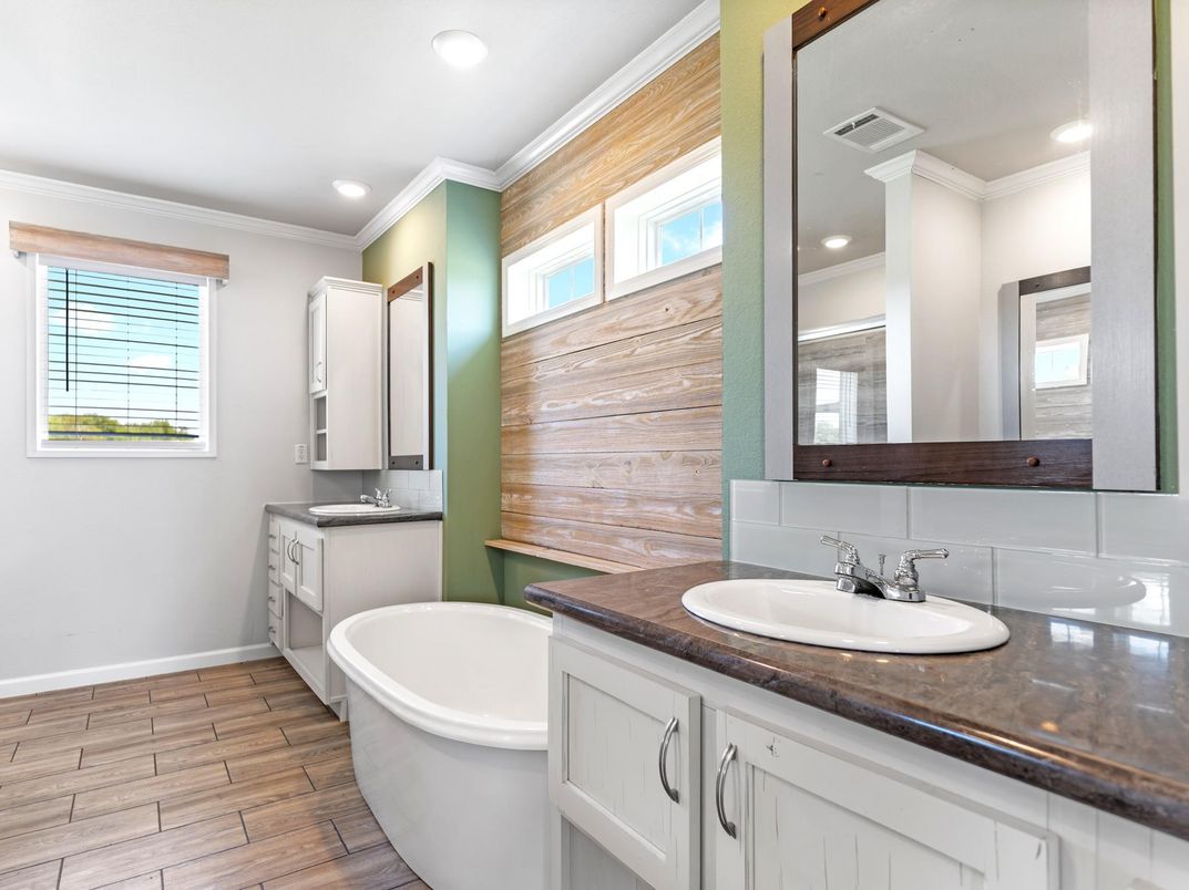 Bathroom, Dual Sink Vanities, Free Standing Baths, Interior, Recessed Lighting, Wood Texture Flooring