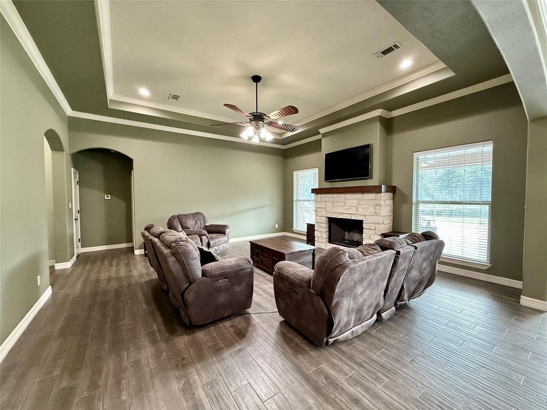 Fireplace, Interior, Living room, Recessed Lighting, Wood Texture Flooring