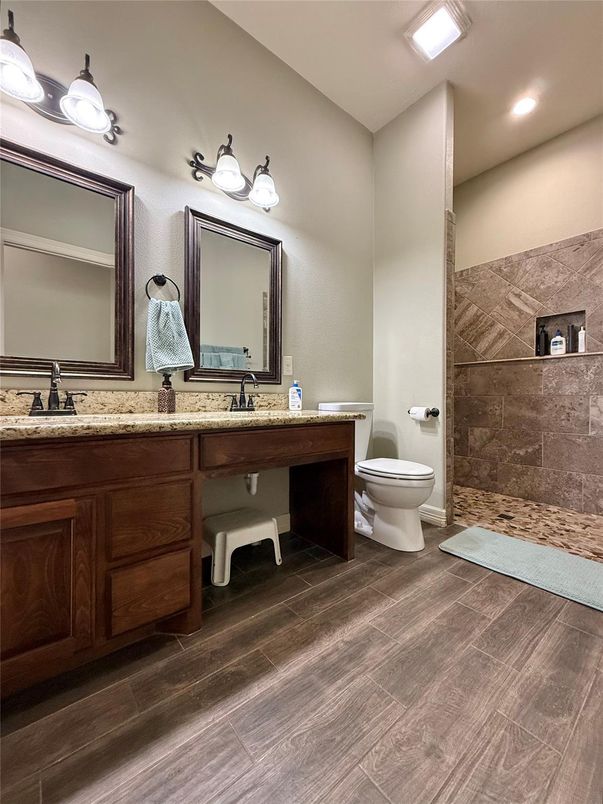 Bathroom, Dual Sink Vanities, Interior, Recessed Lighting, Wood Texture Flooring