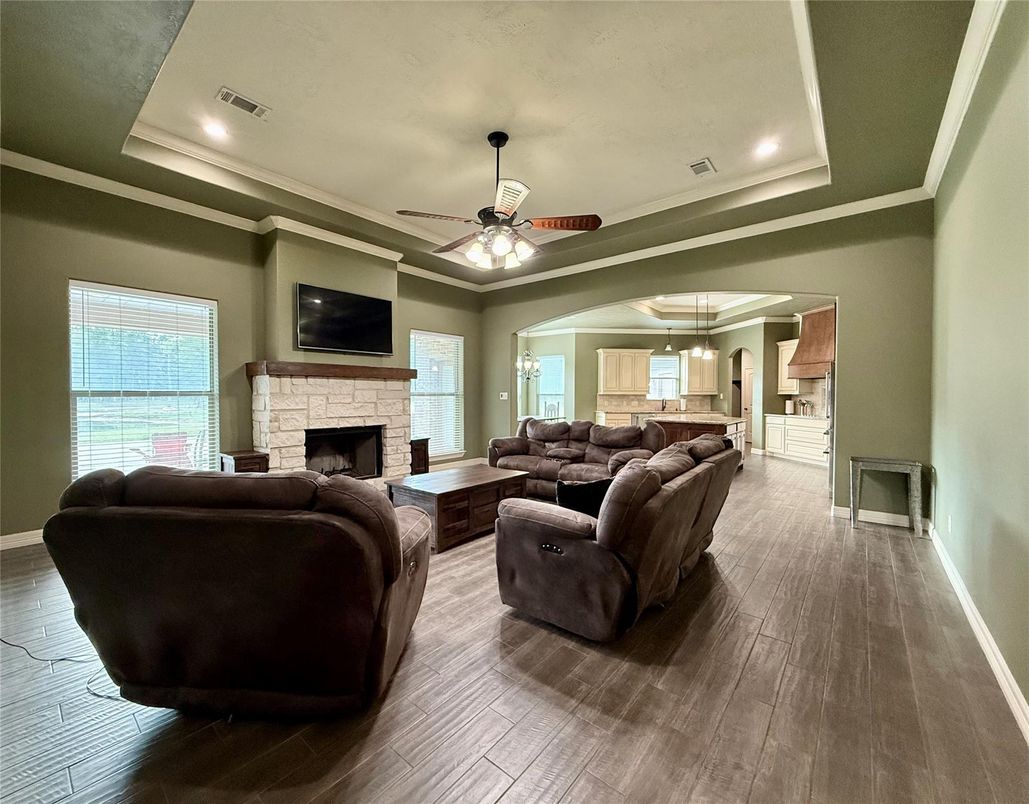 Fireplace, Interior, Living room, Recessed Lighting, Wood Texture Flooring