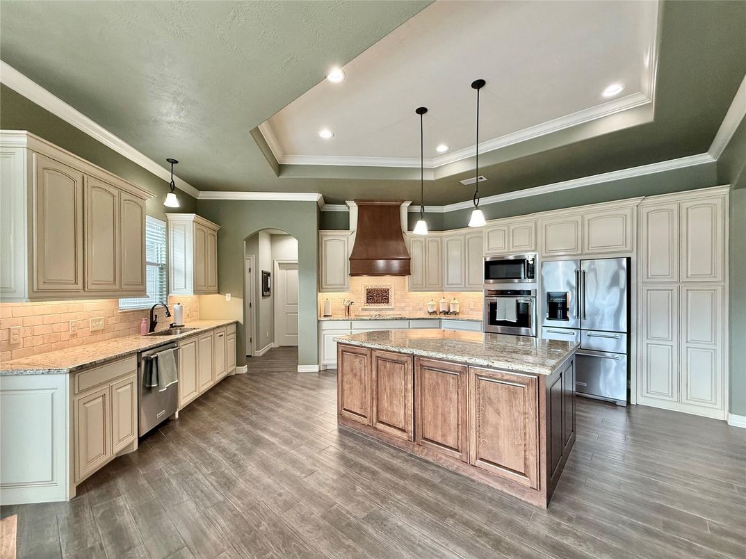 Interior, Kitchen, Pendant Lights, Recessed Lighting, Stainless Steel Appliances, Wood Texture Flooring