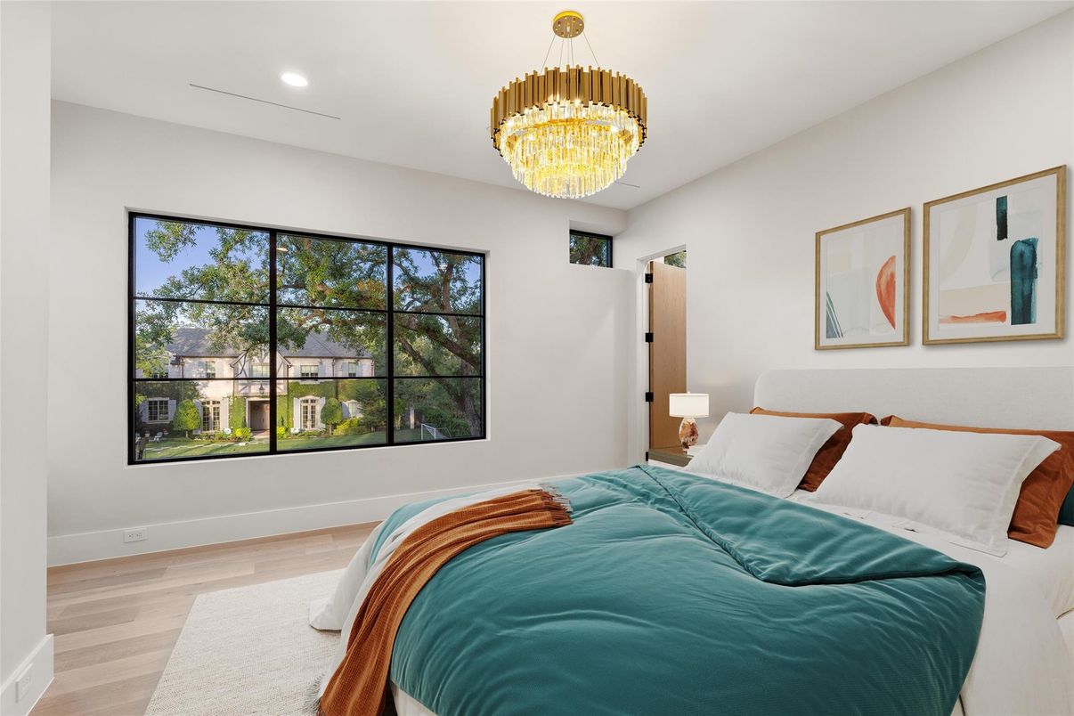 Bedroom, Chandelier, Interior, Recessed Lighting, Wood Texture Flooring