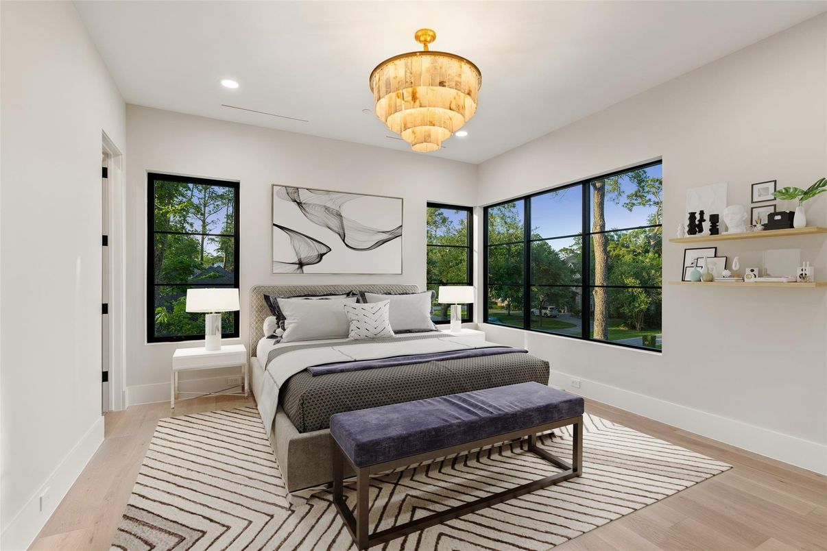 Bedroom, Chandelier, Interior, Recessed Lighting, Wood Texture Flooring
