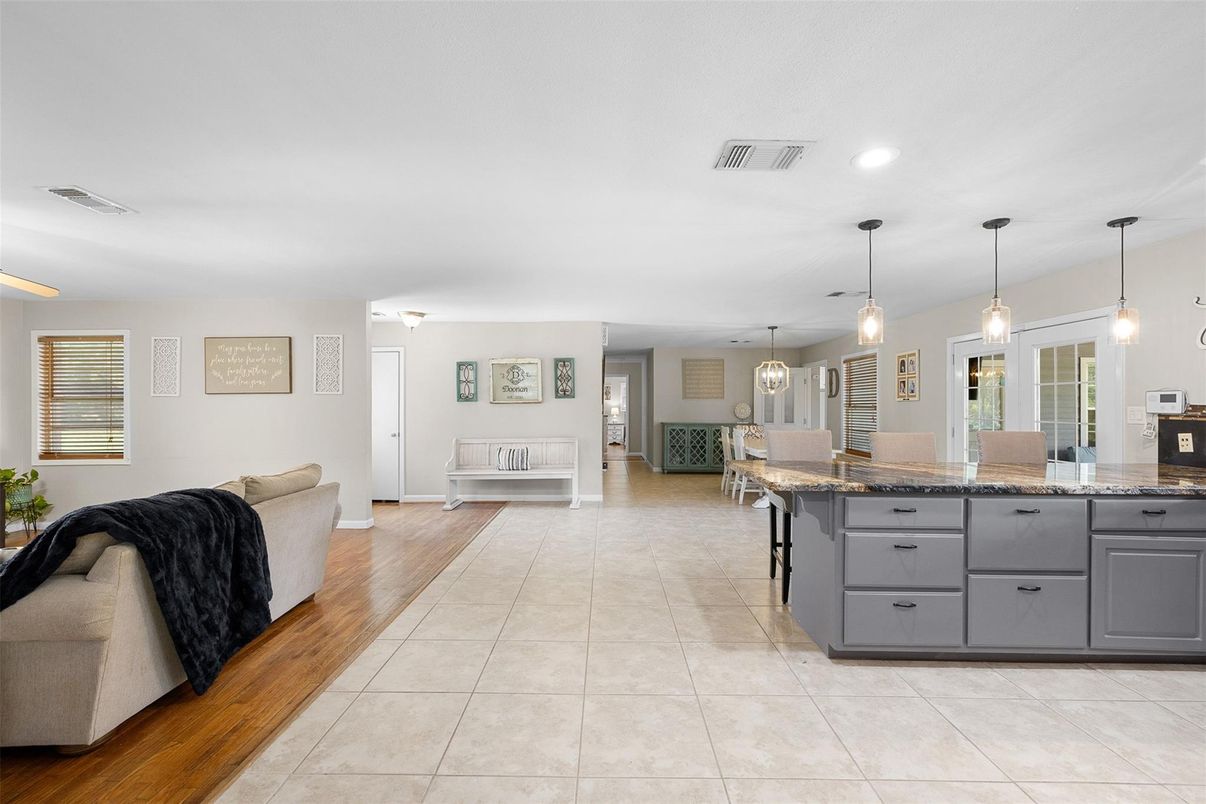 Interior, Kitchen, Pendant Lights, Recessed Lighting, Wood Texture Flooring