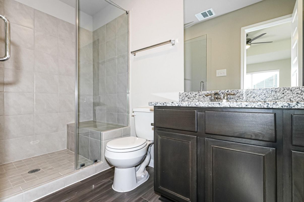 Bathroom, Glass Shower, Interior, Wood Texture Flooring