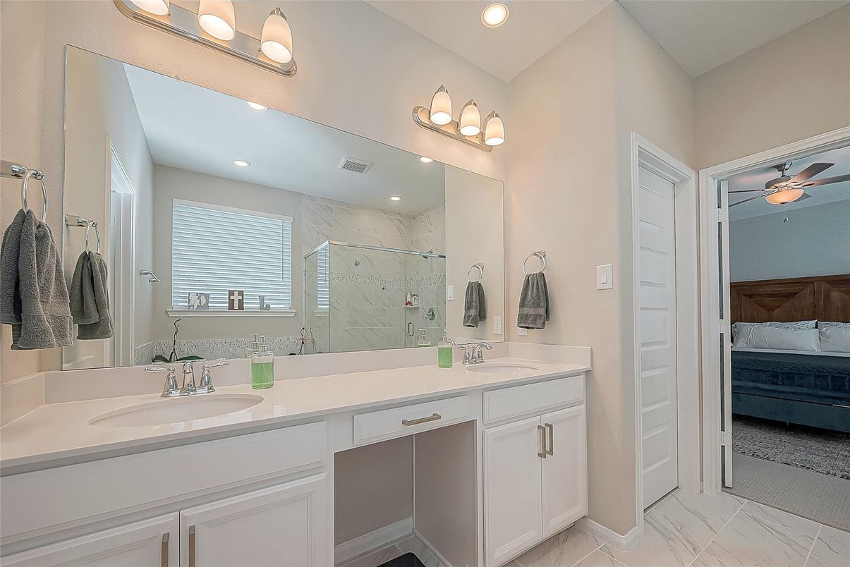Bathroom, Bedroom, Dual Sink Vanities, Interior, Marble, Marble Walls, Recessed Lighting