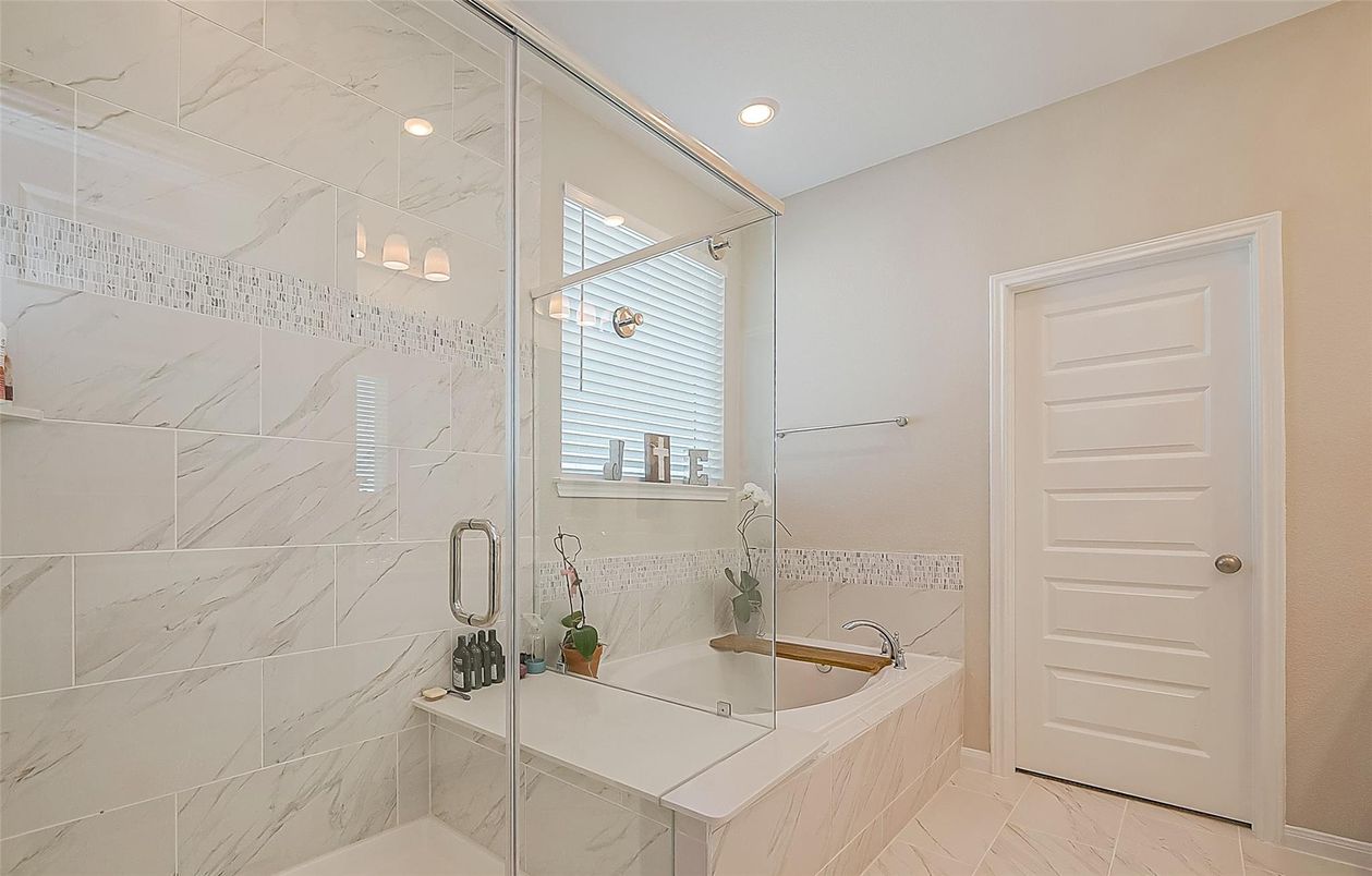 Bathroom, Glass Shower, Interior, Marble Walls, Recessed Lighting