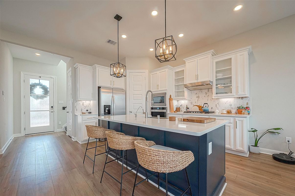 Interior, Kitchen, Pendant Lights, Recessed Lighting, Stainless Steel Appliances, Wood Texture Flooring