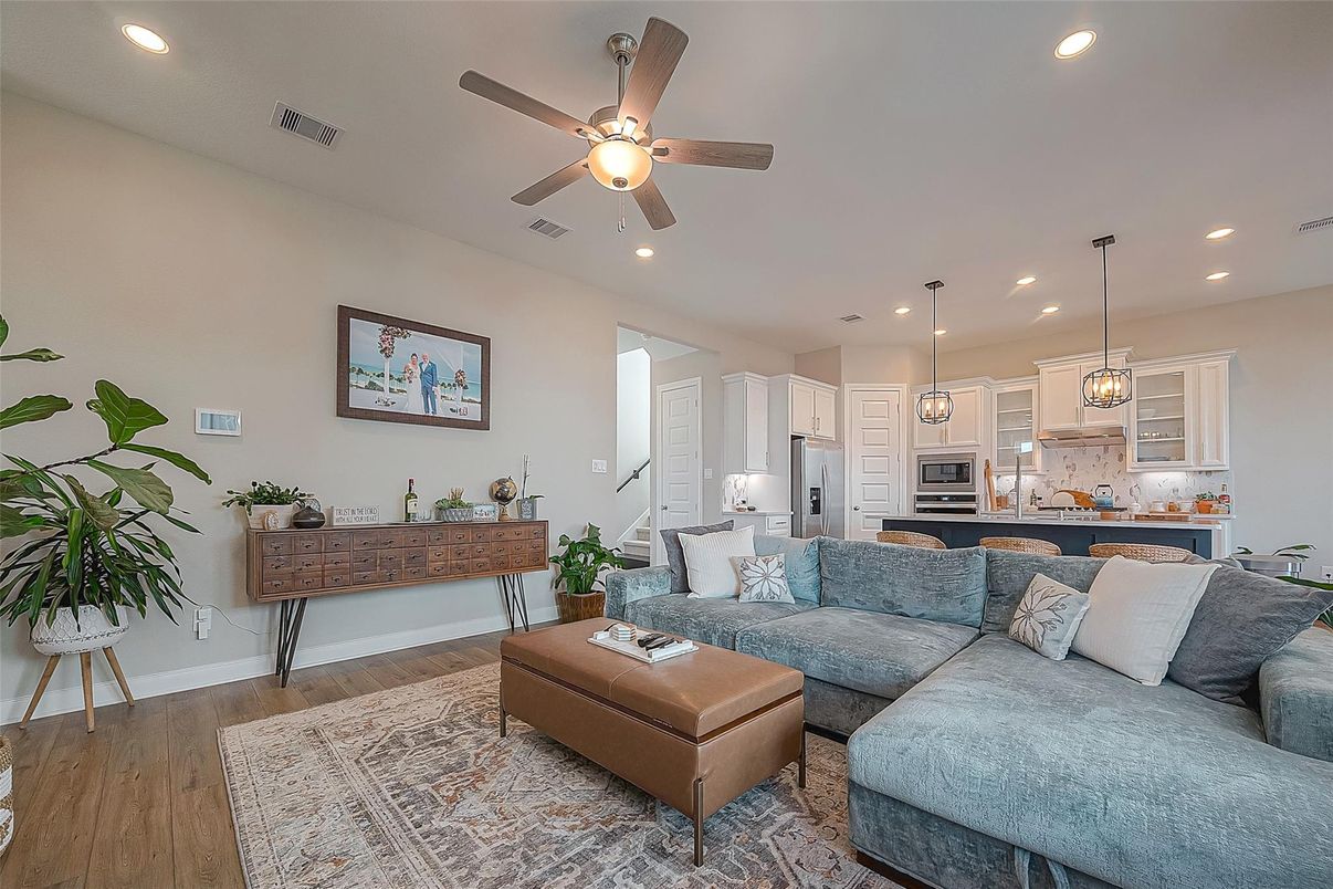 Interior, Kitchen, Living room, Pendant Lights, Recessed Lighting, Stainless Steel Appliances, Wood Texture Flooring
