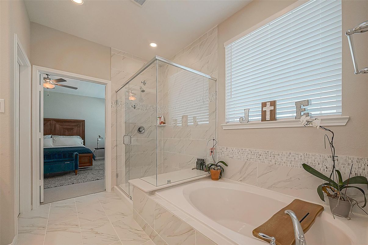 Bathroom, Bedroom, Glass Shower, Interior, Marble, Marble Walls, Recessed Lighting