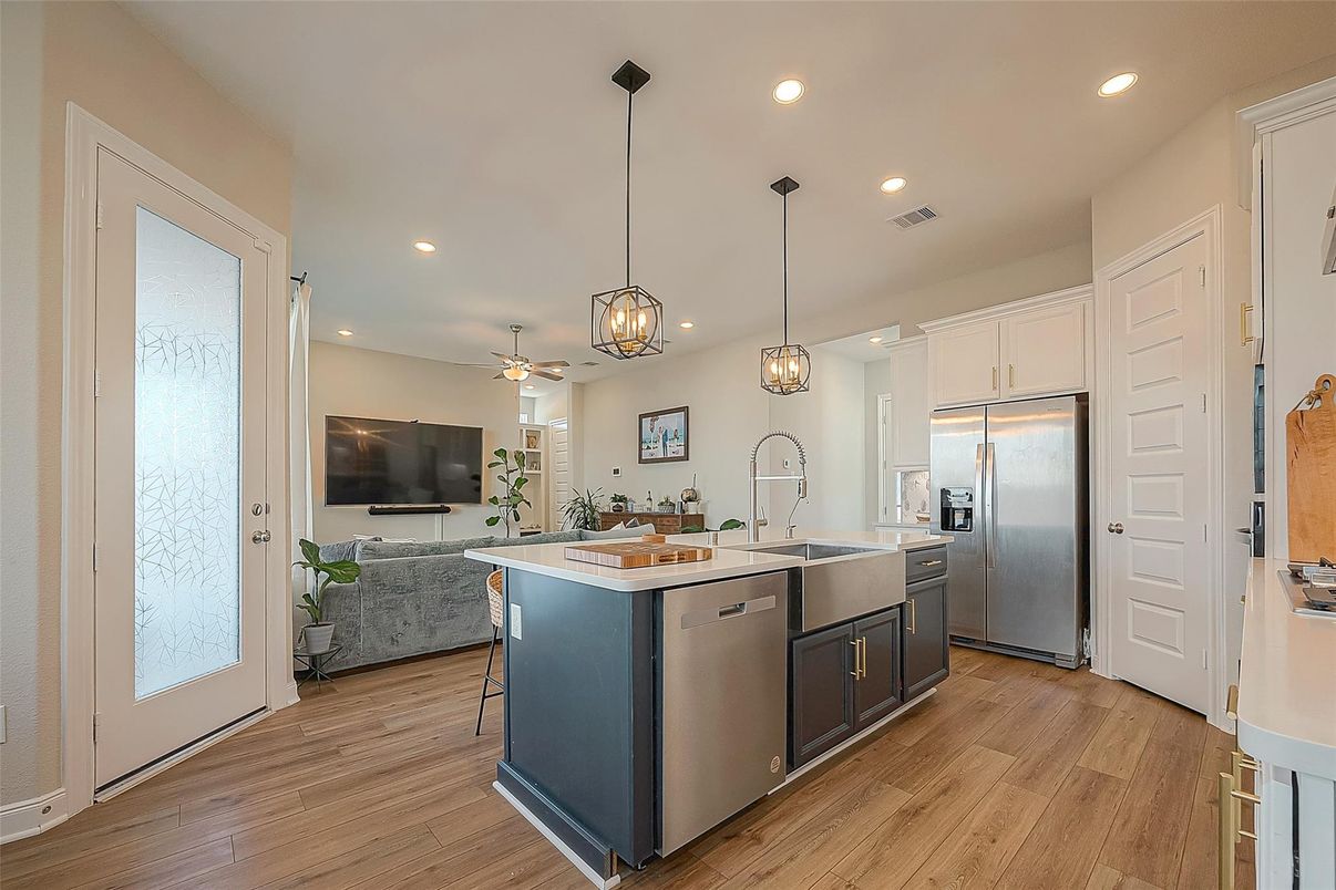 Interior, Kitchen, Pendant Lights, Recessed Lighting, Stainless Steel Appliances, Wood Texture Flooring