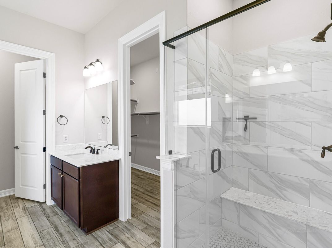 Bathroom, Glass Shower, Interior, Marble Walls, Wood Texture Flooring