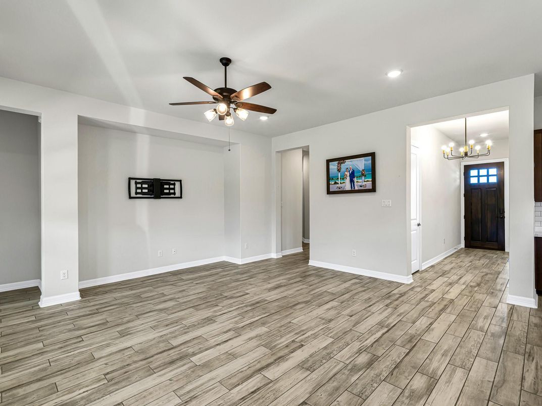 Chandelier, Empty room, Interior, Recessed Lighting, Wood Texture Flooring