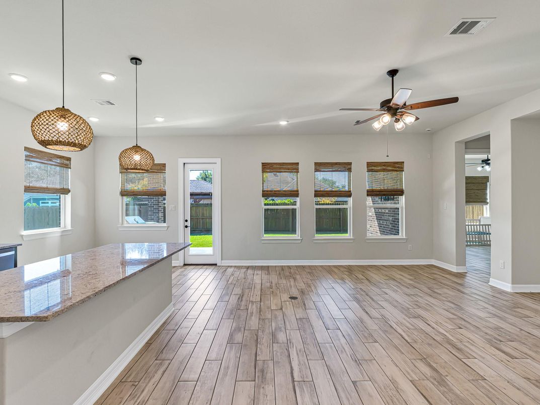 Empty room, Interior, Pendant Lights, Recessed Lighting, Wood Texture Flooring