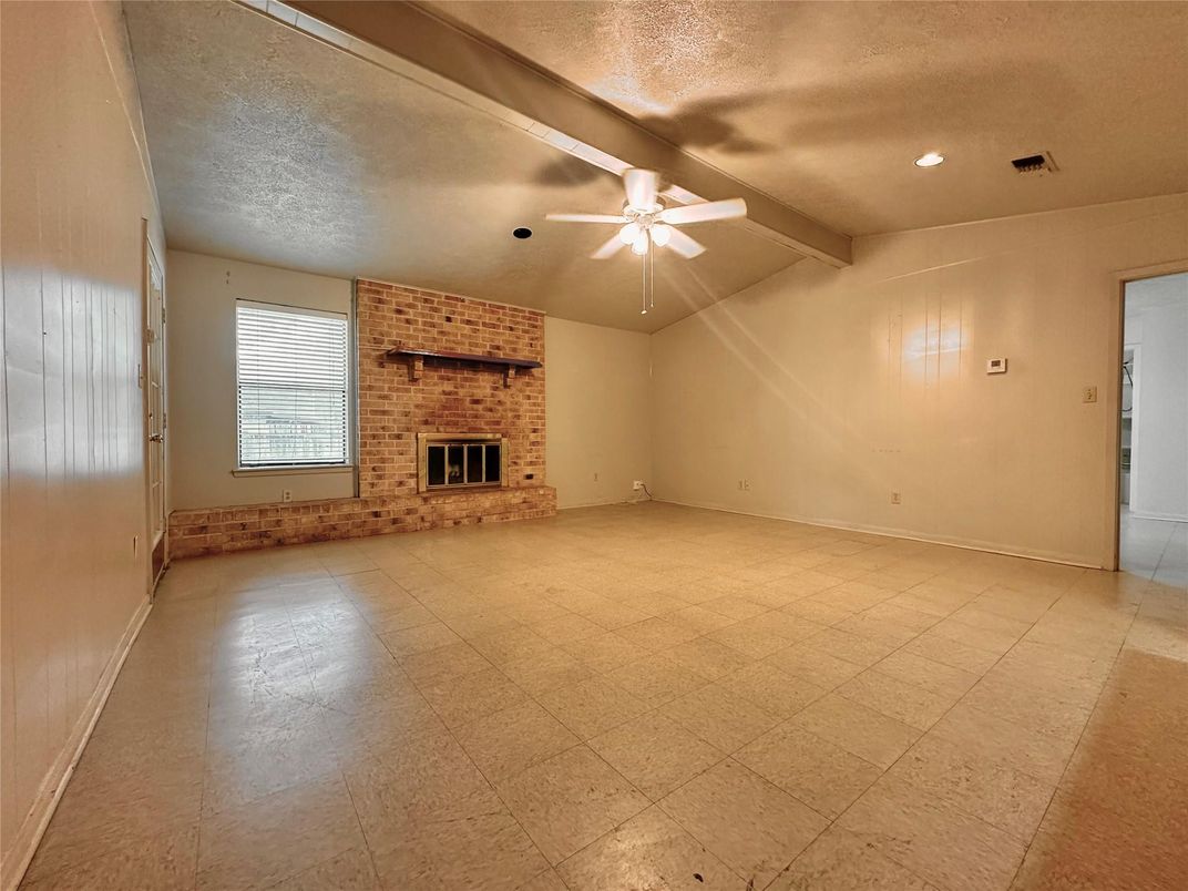 Empty room, Fireplace, Interior, Recessed Lighting, Stone Walls