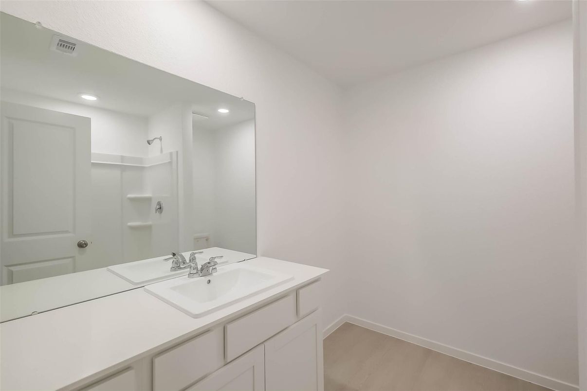 Bathroom, Dual Sink Vanities, Interior, Recessed Lighting, Wood Texture Flooring